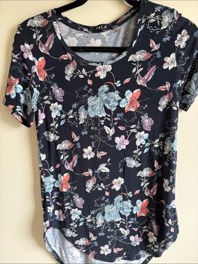 Yala Black Floral Short Sleeve Tee with Red and Light Blue Accents